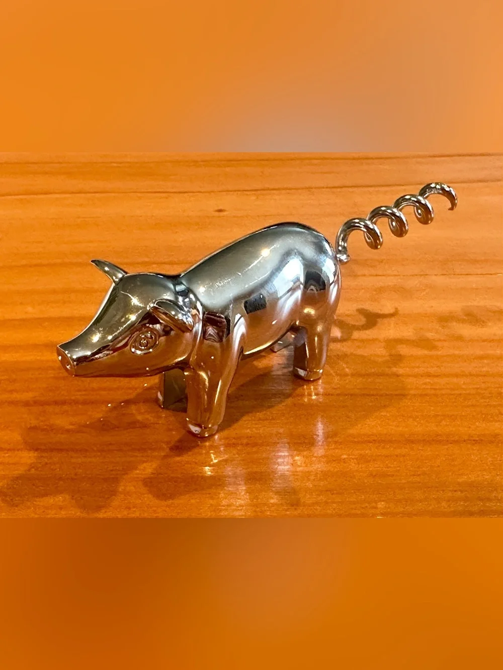 Chrome Silver Metal Figural Pig Wine Bottle Opener Tail Corkscrew Barware - Cute